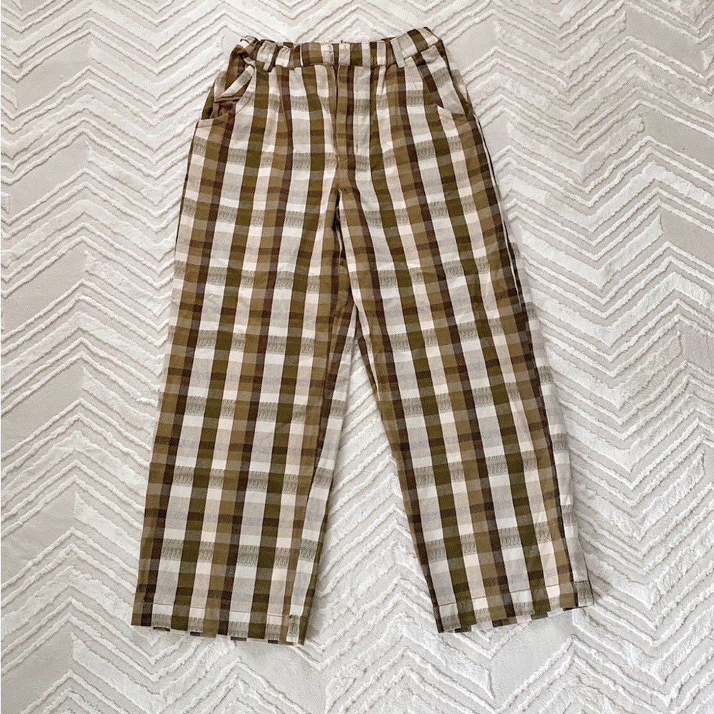 Free People Love Buzz Straight-leg Plaid Check Pants- Olive Combo - Picture 2 of 5